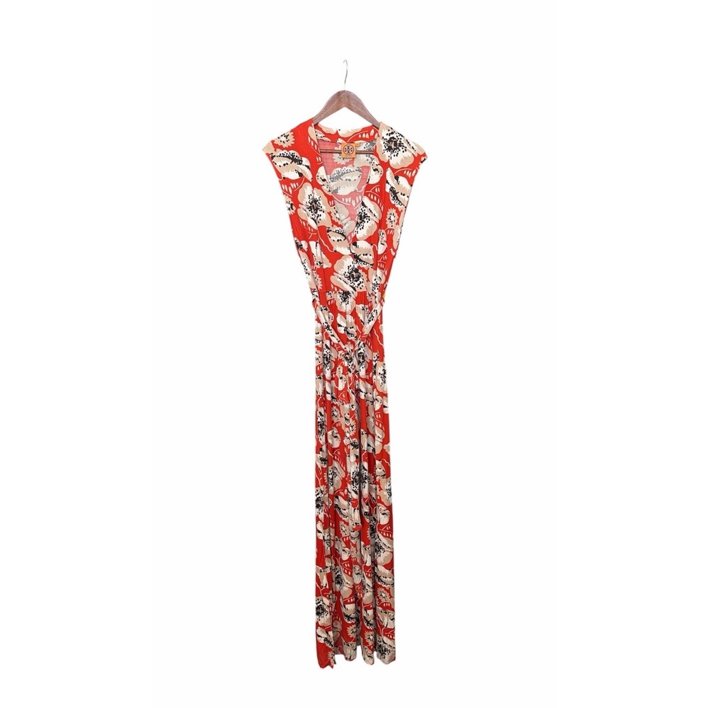 Tory Burch Silk Orange Black Floral Maxi Dress Medium Event Guest Resort Vacay